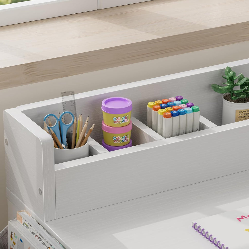 White Kids Desk and Chair Set for 5-8 Year Old, Small Child Desk with Fabric Drawer, Children Study Table