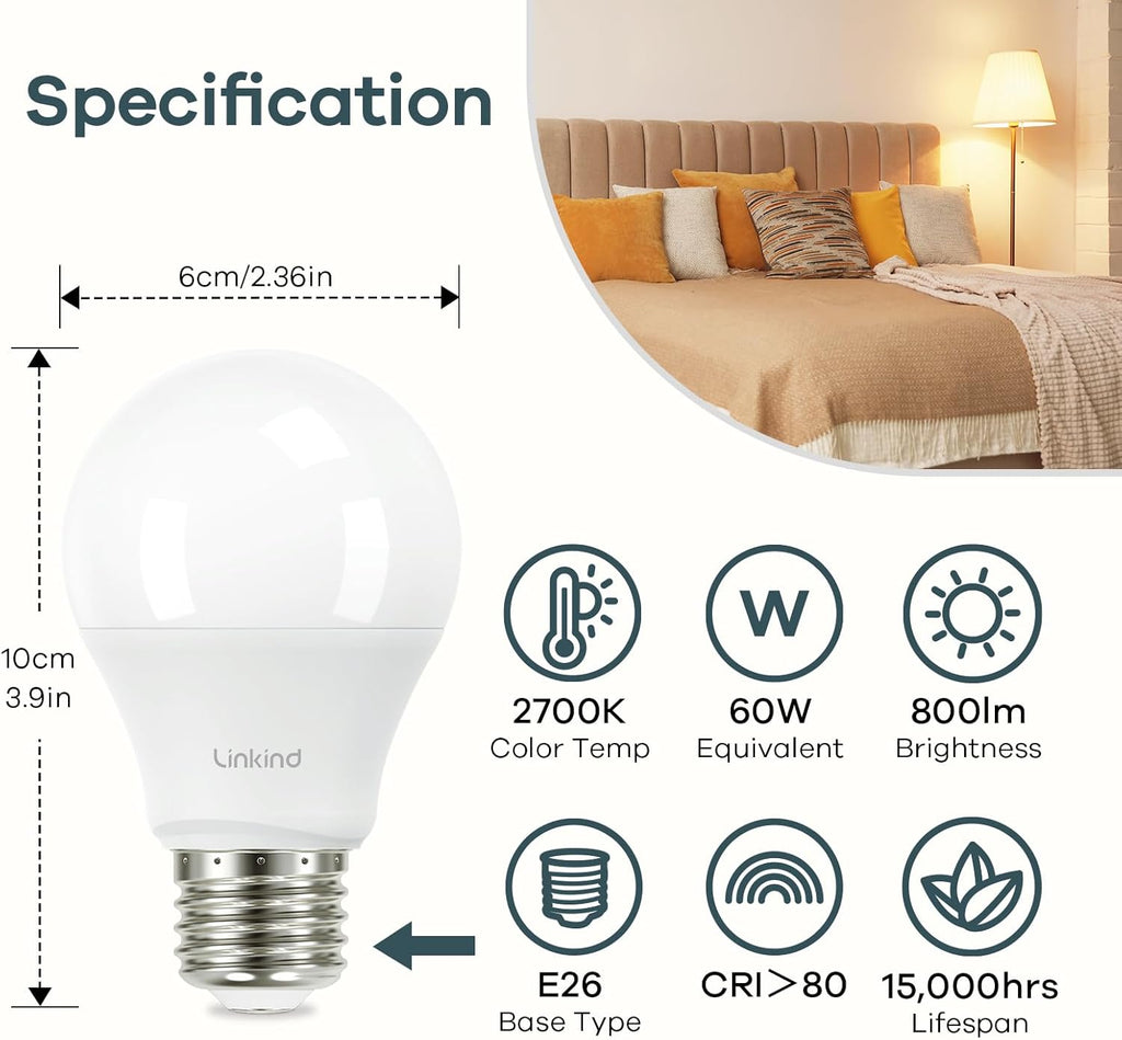 A19 LED Light Bulb, 60W Equivalent, 2700K Soft White Light Bulbs, 800 Lumens 8.5W Non-Dimmable LED Bulbs, E26