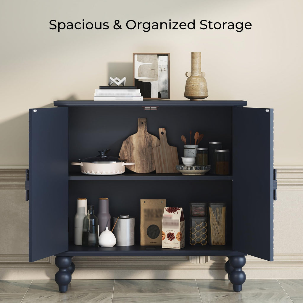 Solid Wood Buffet Cabinet, Accent Cabinet, 2 Carved Doors, Blue