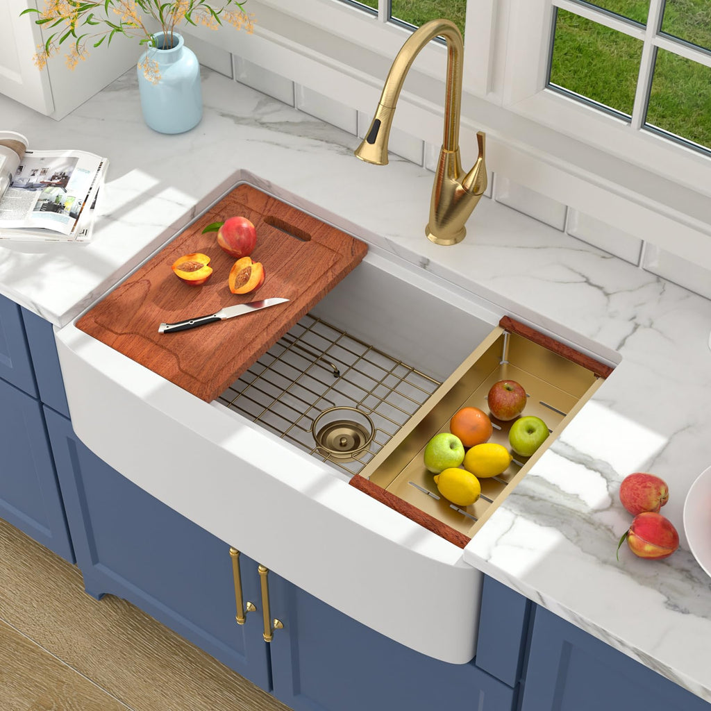 Farmhouse Sink 33 Inch White Kitchen Sinks Workstation Curved Apron Fireclay Porcelain Ceramic Single Bowl Farmer