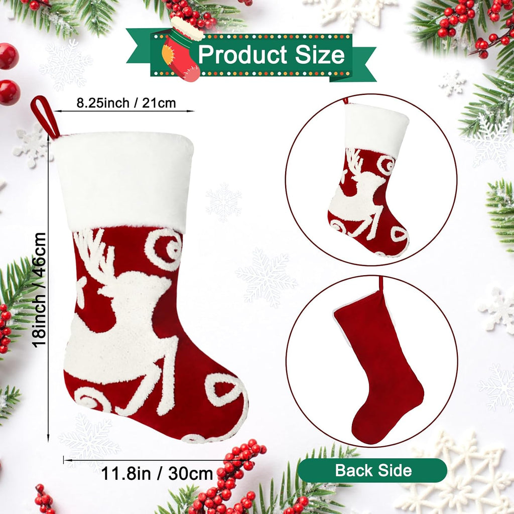 Christmas Stocking Set of 3, 18 Inch Red Christmas Stockings Embroidered Elk Snowflakes Sleigh White Plush Faux Fur