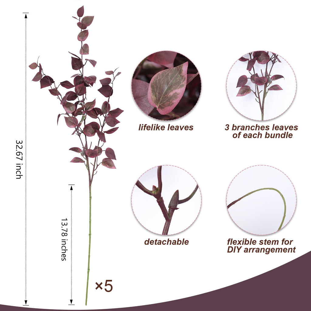 5PCS Artificial Fall Eucalyptus Leaves Stem Plants, 32.7 inch Fake Leaves Autumn Greenery Branches Burgundy Shrubs
