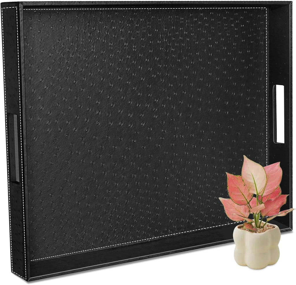 Serving Tray with Handles, 20 x 16 Inch Candle Holder Tray for Ottoman Coffee Table, Breakfast, Decorative Black Tray