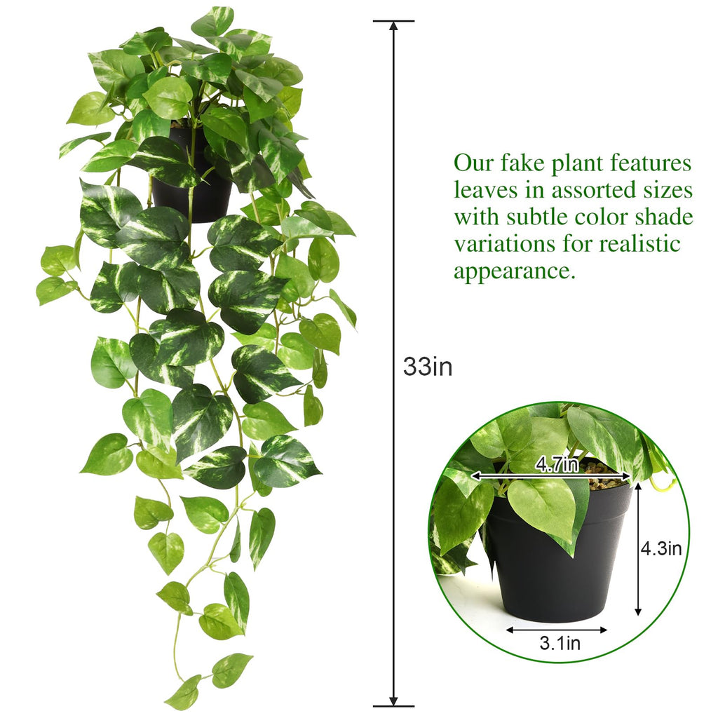 Fake Pothos Hanging Plants, 33", Variegated, with Plastic Pot, Indoor Decor, 2 Pack