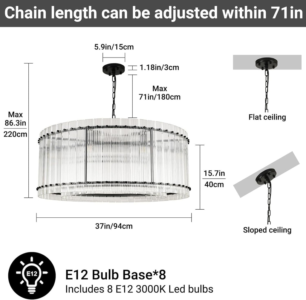 37" Modern Black Round Chandeliers,2-Tier 8-Light Water Ripple Crystal Glass Chandelier,for Dining Room,Living Room,Bedroom,High Ceiling,Foyer Entryway,Luxury Adjustable Hanging Chandelier A119-B0DTTM7R64