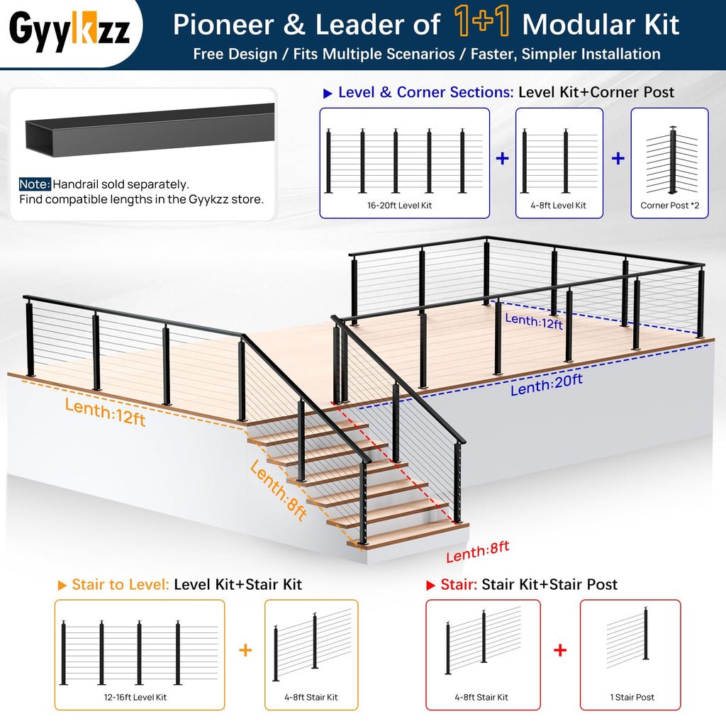 36" Modular Black Cable Railing Corner Post, L-Drilled Two-Side Hole