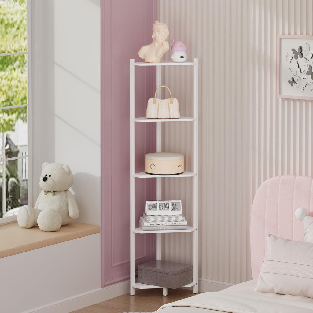 Bamboo Tall Corner Shelf Stand, 5-Tier White Corner Bookshelf