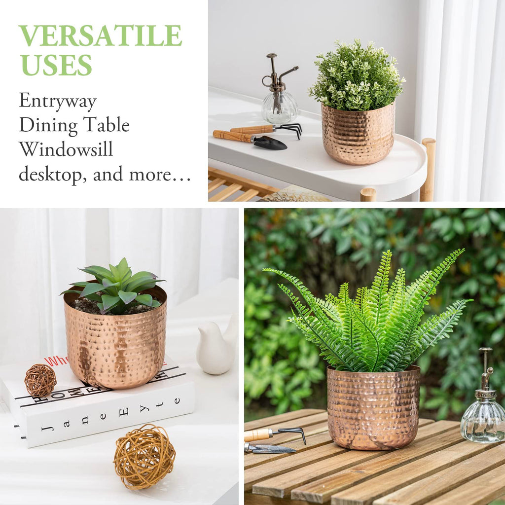 6 Inch Copper Tone Metal Plant Pot with Hammered Design, Decorative Small Succulent Planter - Handcrafted in India