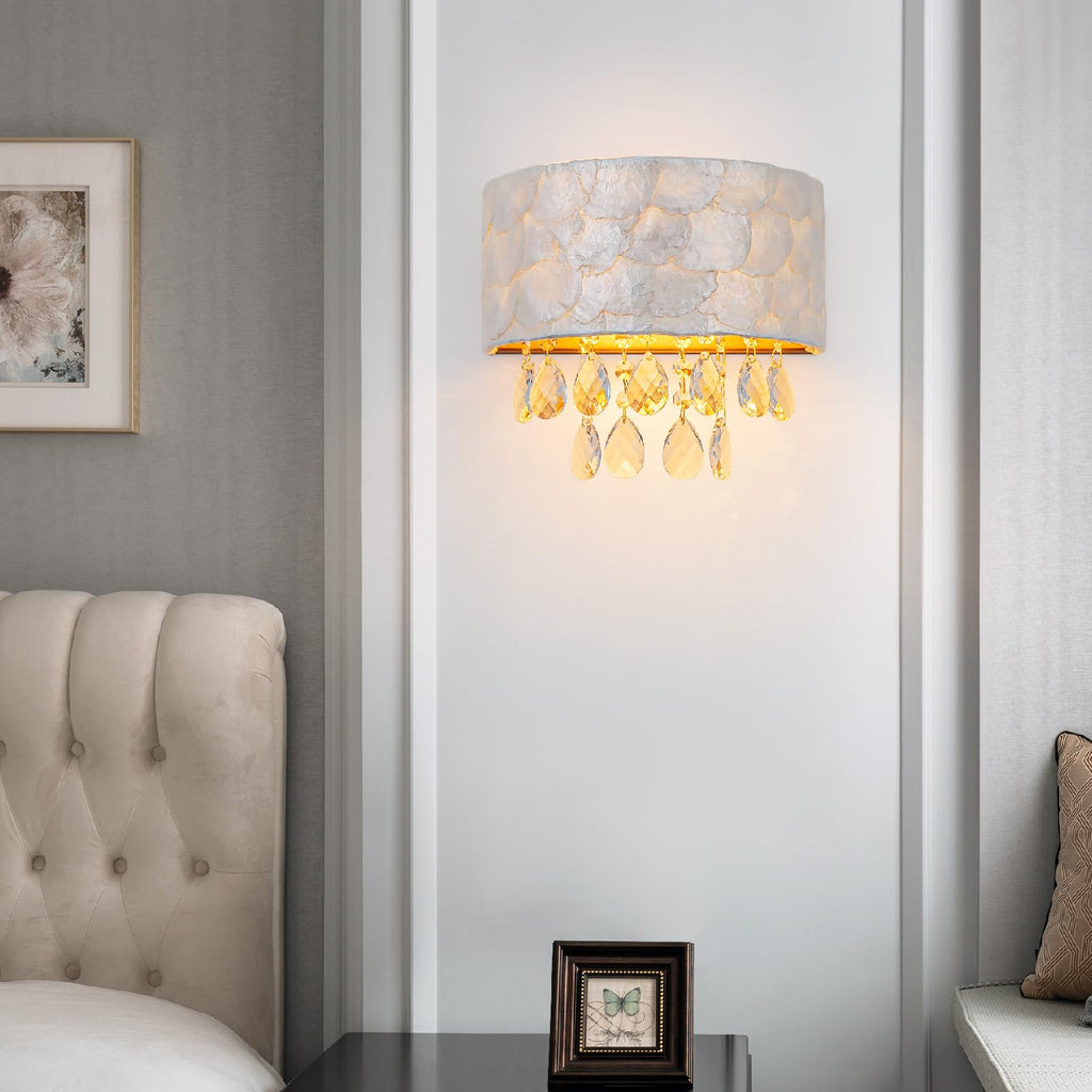 2-Light Capiz Shell Crystal Wall Sconces, Coastal Design Indoor Wall Lamp, Vanity Wall Mount Light Fixture, Shell