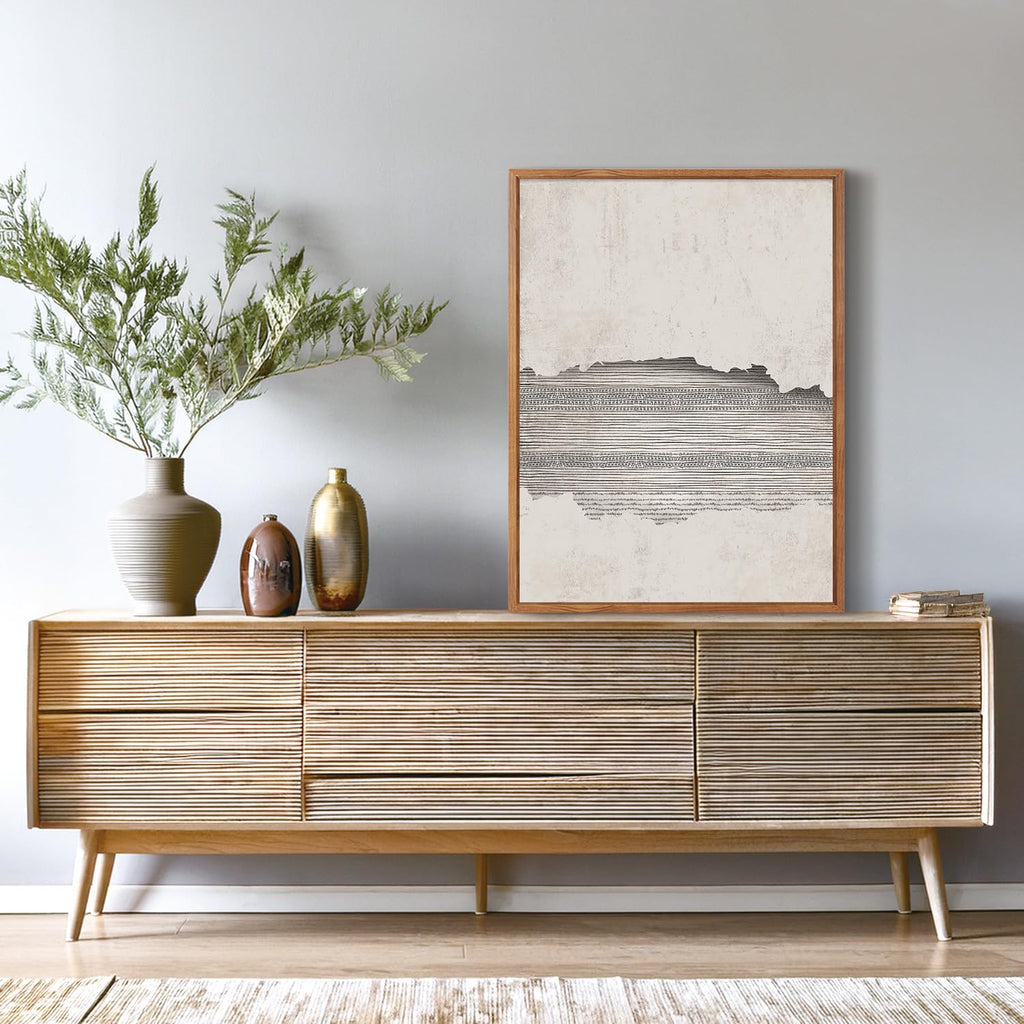 Abstract Minimalist Framed Canvas Wall Art Set Of 3, Modern Mid Century Wall Decor, Geometric Line Textured Inspired
