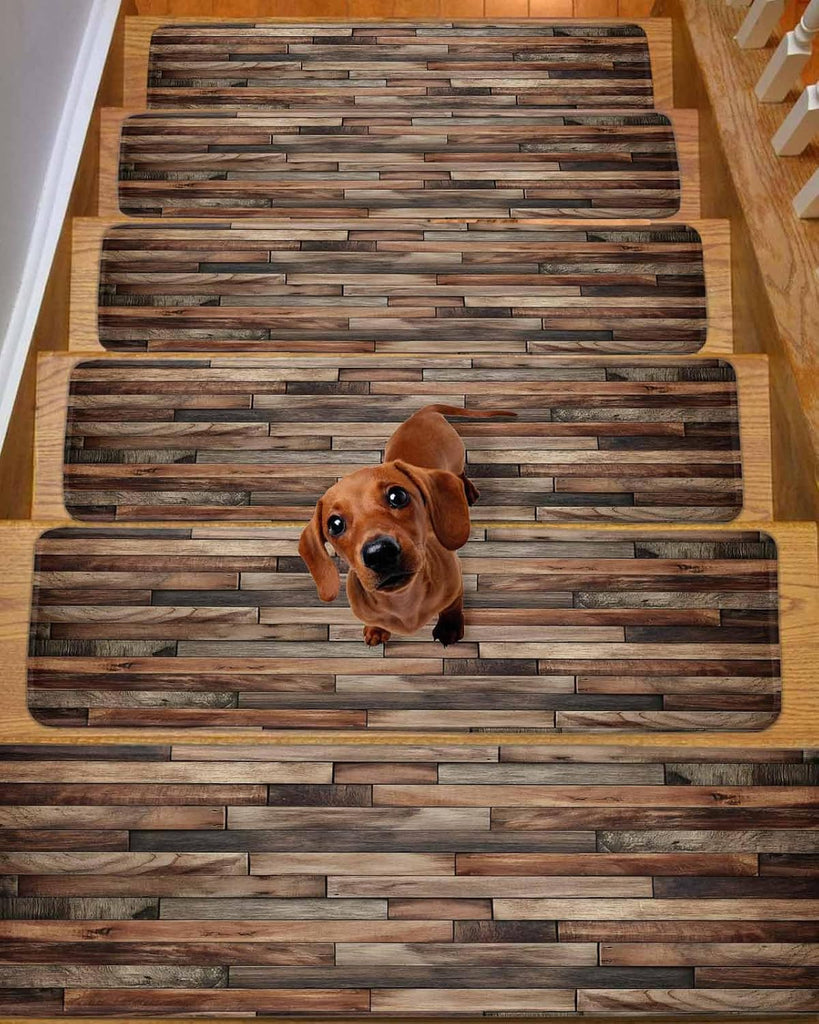 Brown Wood Grain Stair Treads Farmhouse Vintage Wooden Board Patchwork Indoor Non Slip Peel and Stick Stair Treads