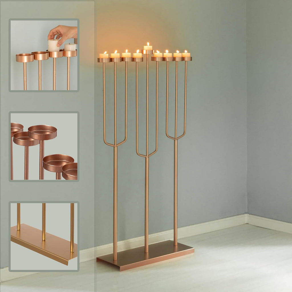 Modern Design l Hanukkah Exceptional presentational Piece, 9 Branch Tea Light Candle Holders, Rose Gold