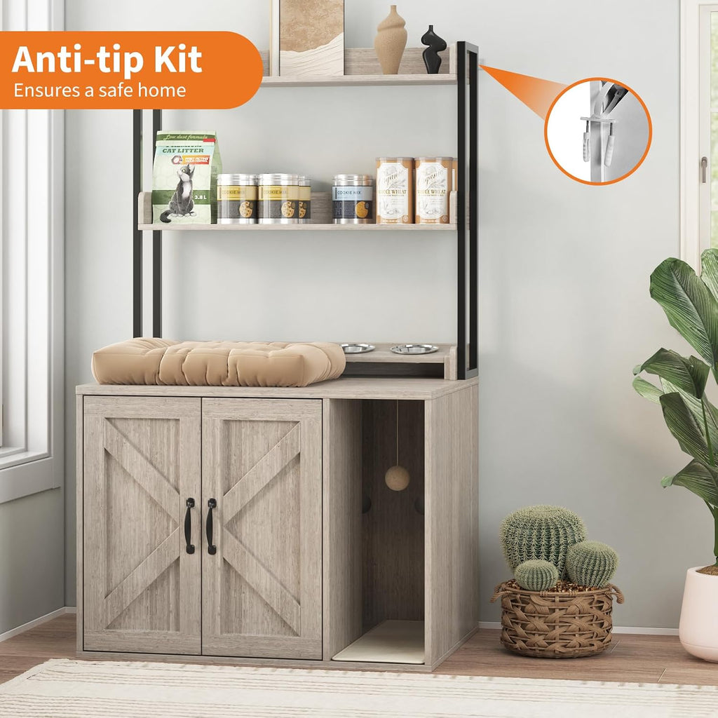 Cat Litter Box Enclosure, 55" Hidden Cabinet w/Storage & Charging, Gray