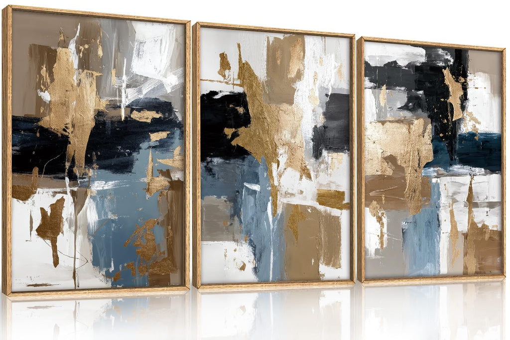 Navy Blue and Gold Abstract Framed Canvas Wall Art Set-16"x24"x3