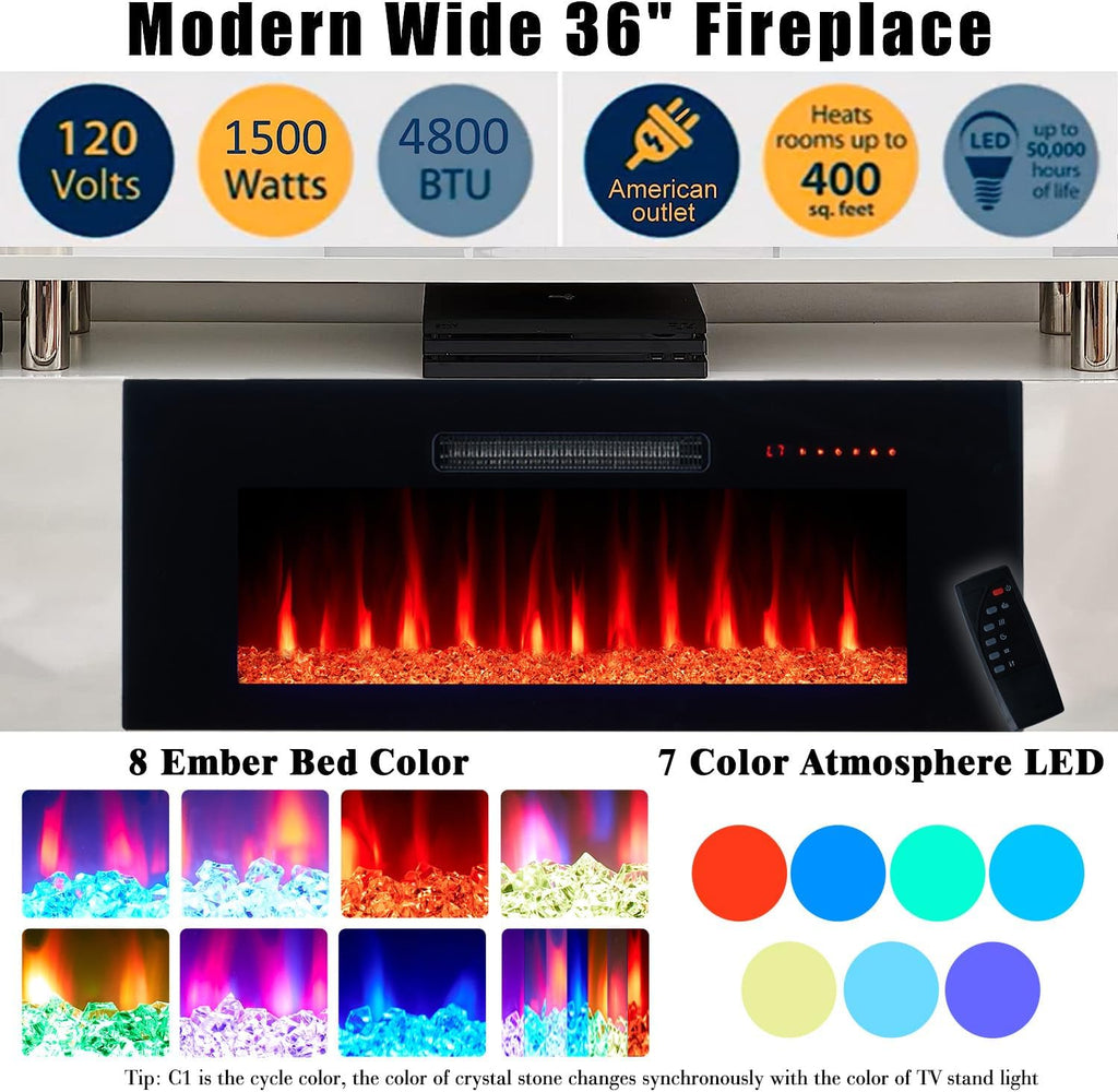 Fireplace TV Stand with 36" Fireplace, 70" Modern Fireplace Entertainment Center LED Lights, 2 Tier TV Console