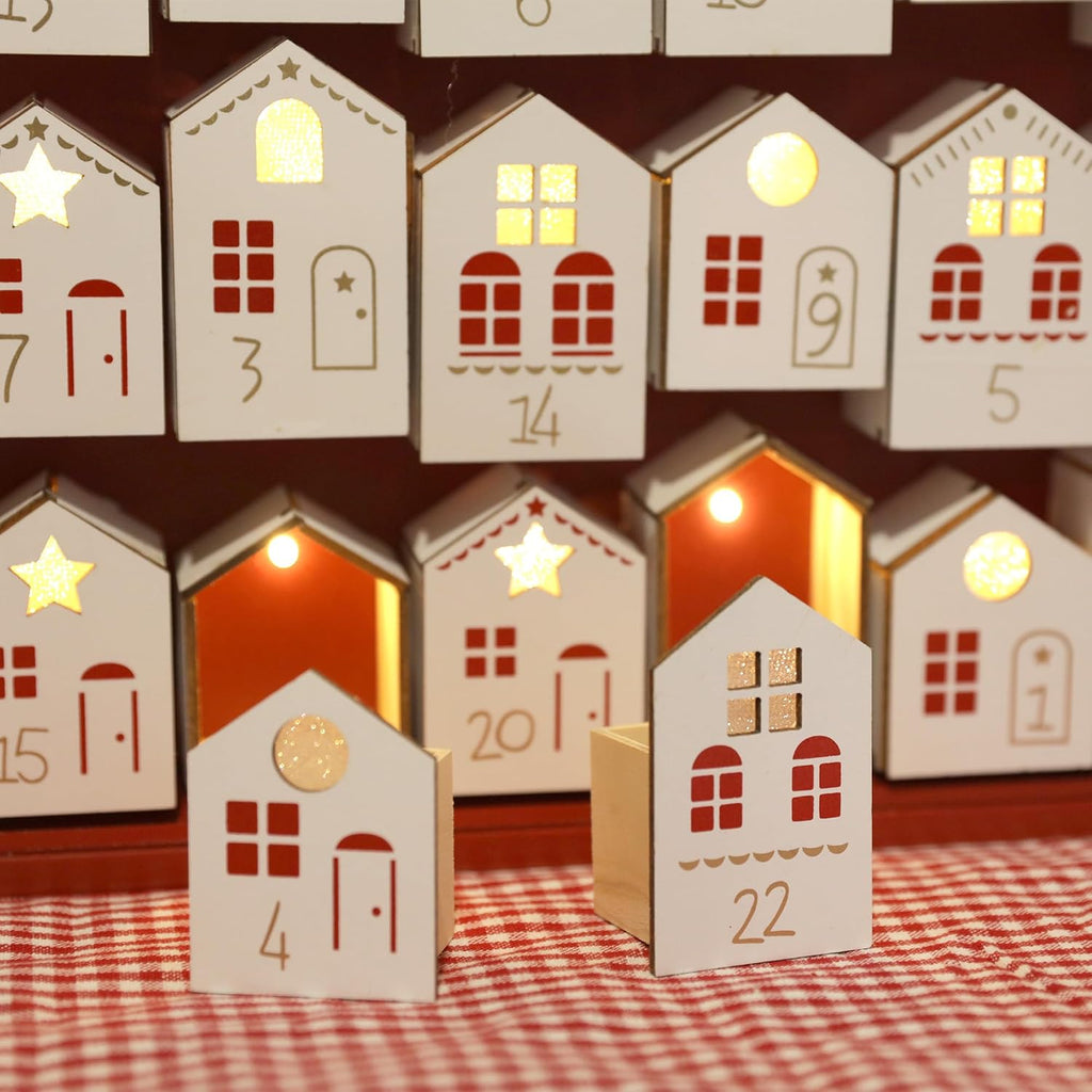 Extra-Large Wooden Advent Calendar 2025 with LED Lights, Christmas Countdown Calendar, House-Shaped Drawers for Kids