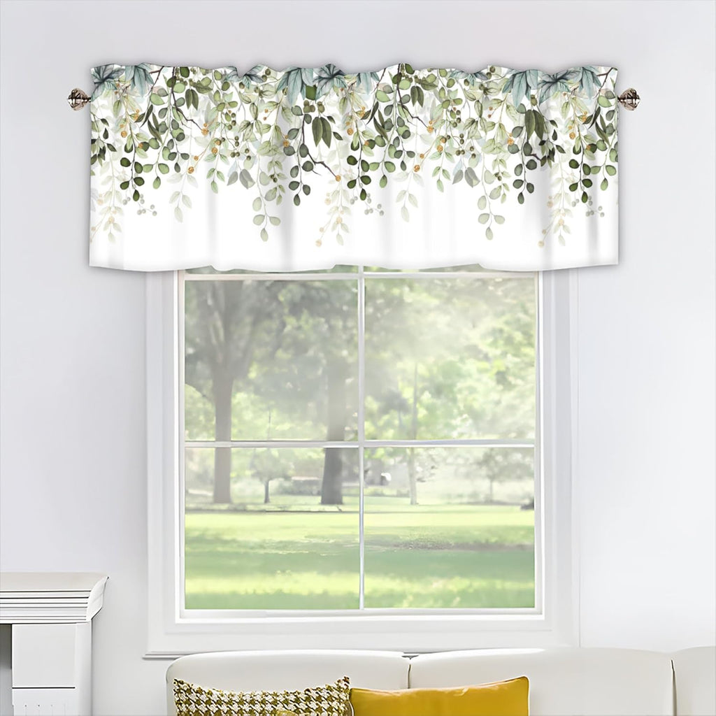 Sage Green Eucalyptus Leaves Curtain Valance for Windows Watercolor Window Treatments 1 Panel Short Curtains for