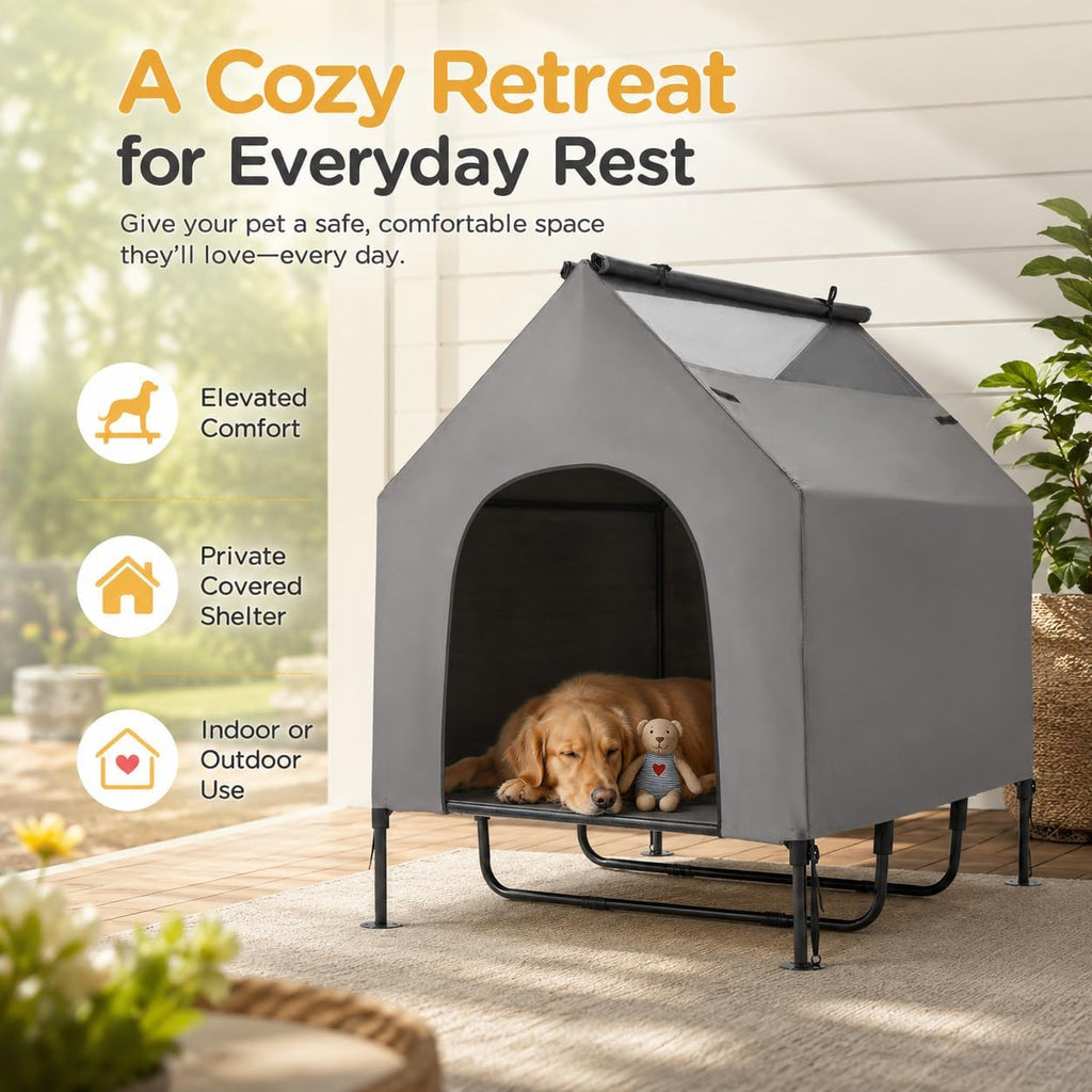 48" Large Dog House Outdoor for Large Dogs, 2-in-1 Waterproof Dog House & Elevated Dog Bed with Removable Canopy