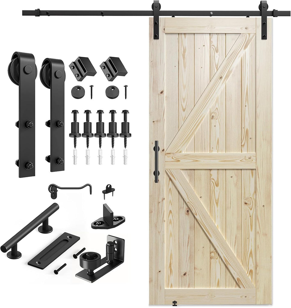 36in x 84in Sliding Barn Door with 6.6ft Barn Door Hardware Kit Included, Unfinished Solid Spruce Wo