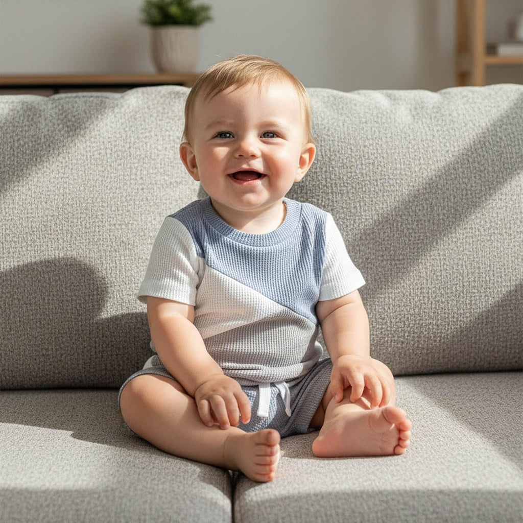 Toddler Baby Boy Summer Clothes Waffle Contrast Short Sleeve T-shirt Tops with Elastic Waist Shorts Sets Outfits