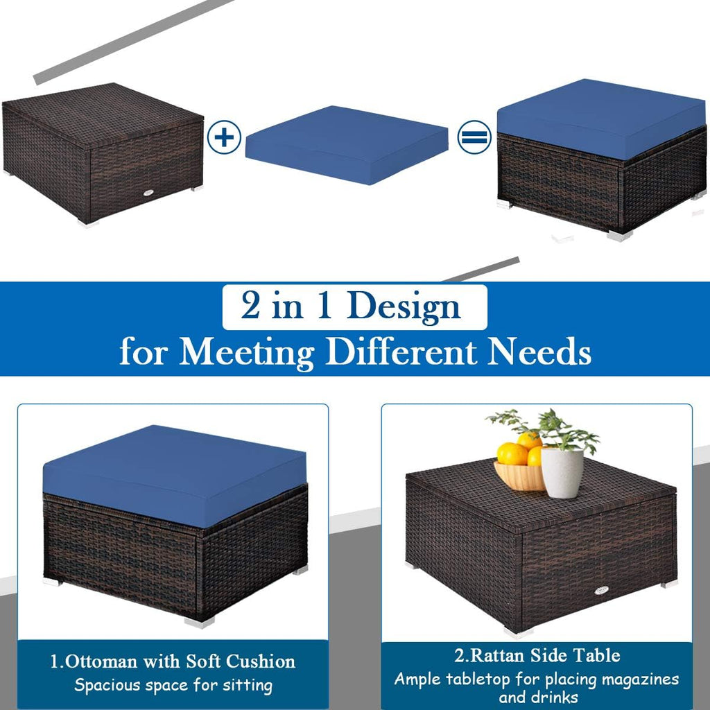 5 Piece Outdoor Patio Furniture Set, Wicker Sectional Rattan Sofa with Cushions, Ottomans and Coffee Table - Navy Blue