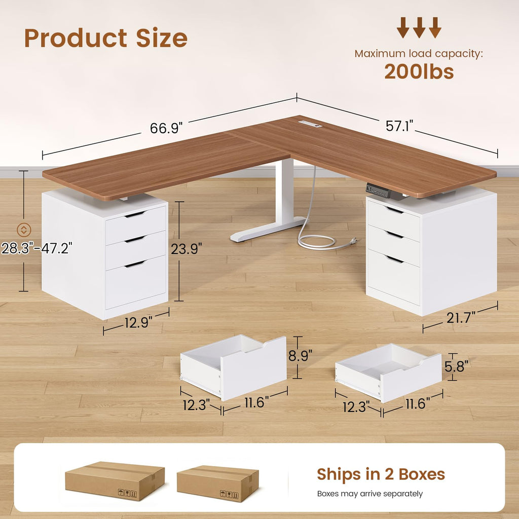 L Shaped Electric Standing Desk, 66.9" x 57.1" Height Adjustable Corner Desk with 6 Drawers & Built-in Power Outlet