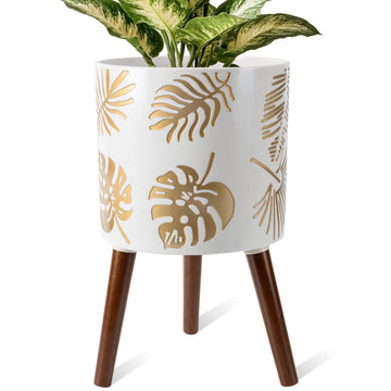 12 Inch Planter, Plant with Stand, Large Planters for Indoor Plants, Flower Pot with Drainage Holes for Outdoor, White