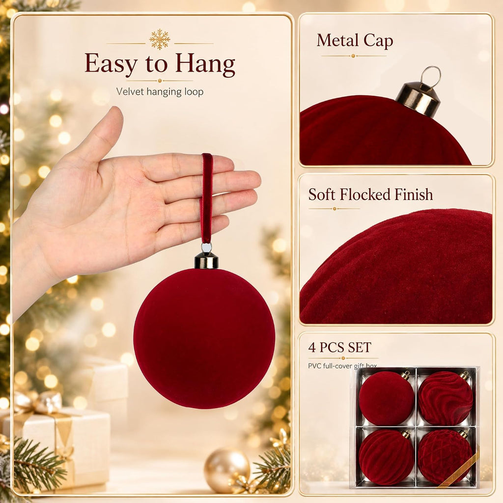 Inch Velvet Christmas Ball Ornaments, Large Tree Decorations, Burgundy, 4 - Set of 4