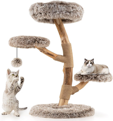 Solid Wood Cat Tree, Multi-Level Modern Cat Tower with Scratching Posts, Cozy Top Perch, 2 Platforms, Dangling Ball
