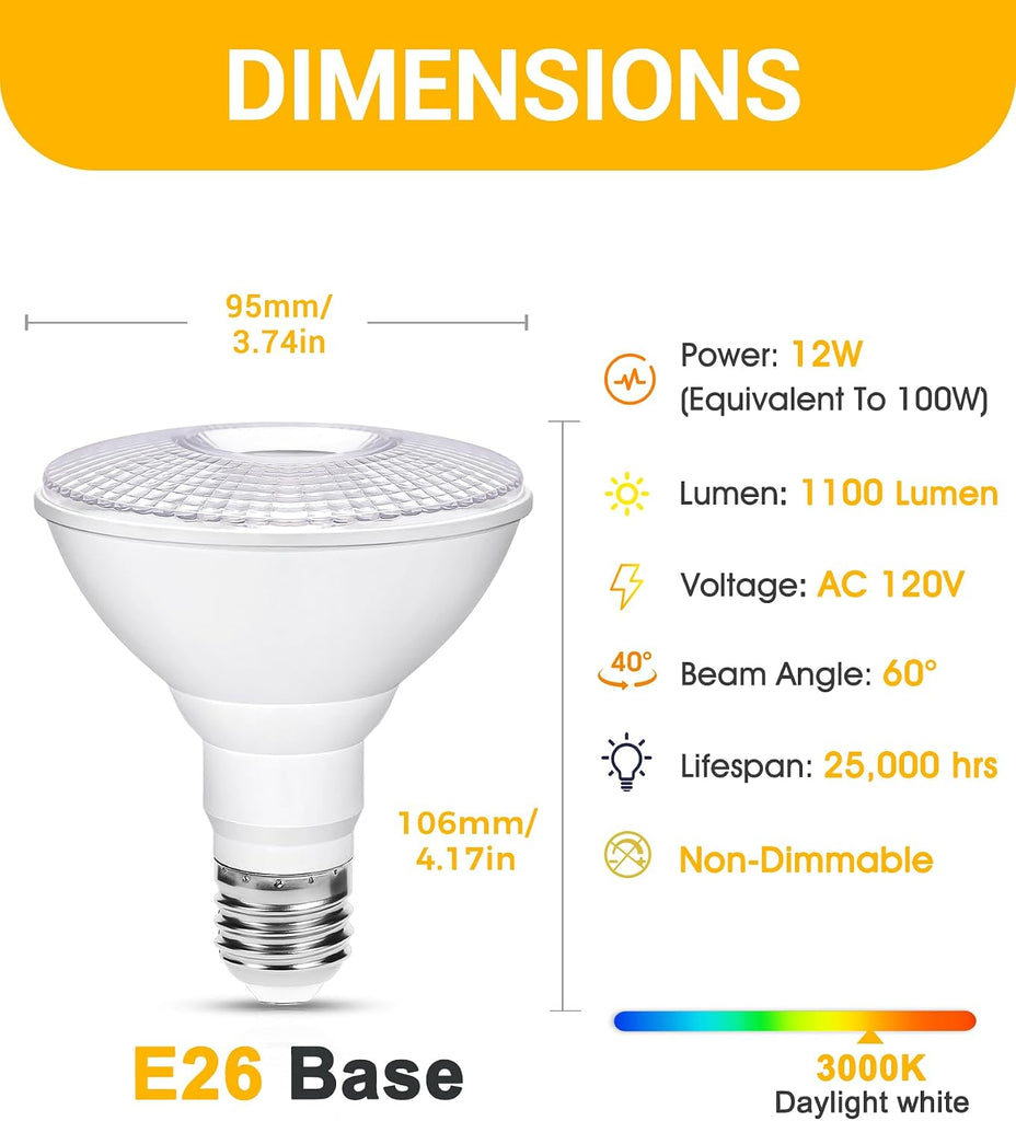 PAR30 Outdoor LED Flood Light Bulbs, 12W(100W Equivalent) LED Spotlight