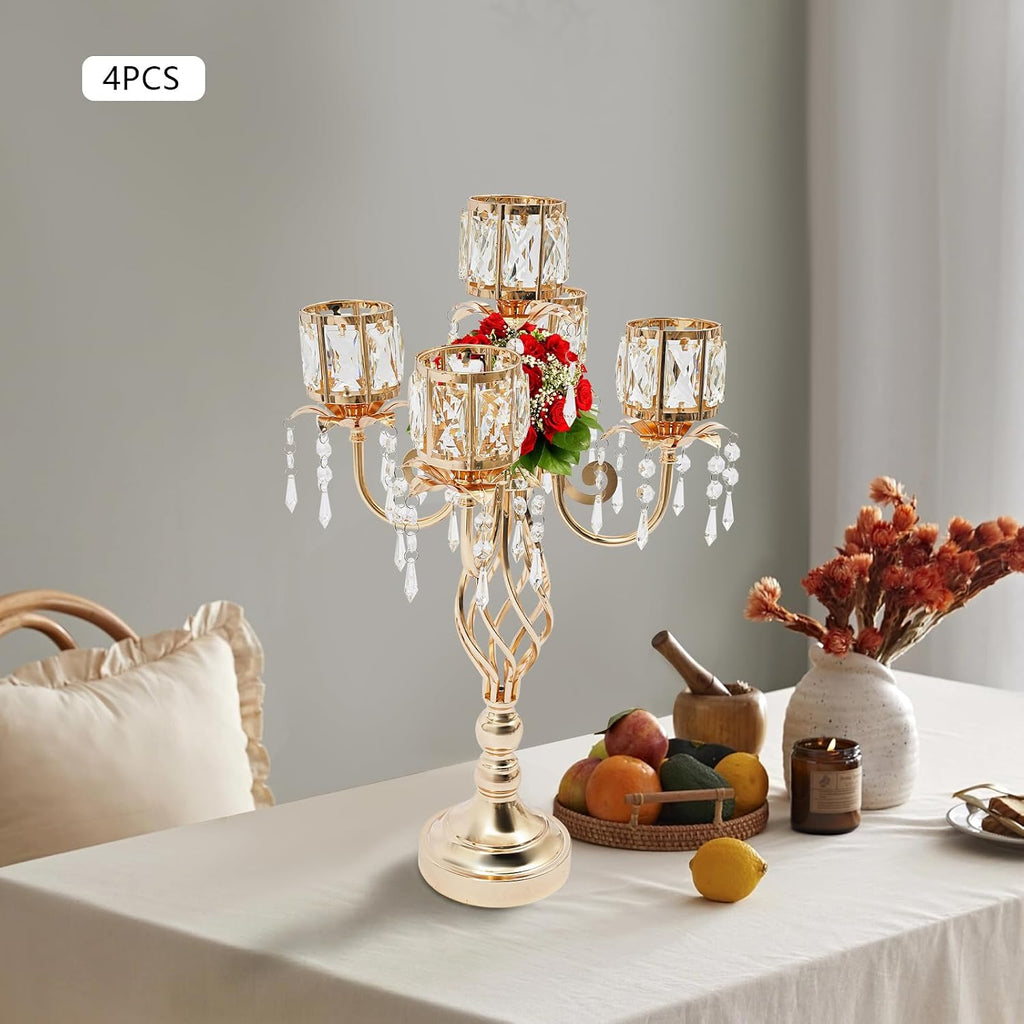 5-Arm Gold Crystal Candle Holder Set of 4, Elegant Table Centerpiece | Electroplated Iron Candelabra for Weddings &