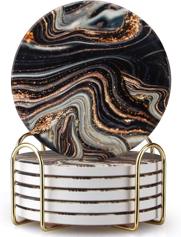 Black and Gold Marble Coasters with Holder Best Round Absorbent Coasters for Drinks, Coffee, Beer, Table Marble - Set of 6
