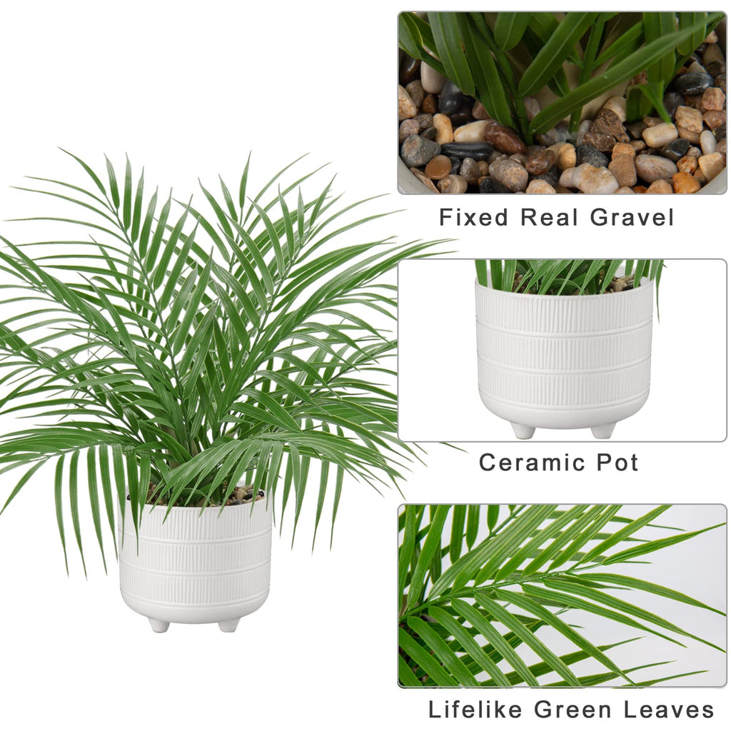 Large Artificial Potted Plants Fake Palm Plants 19" Faux Green Plant Plastic Tropical Palm Tree in White Ceramic Pots