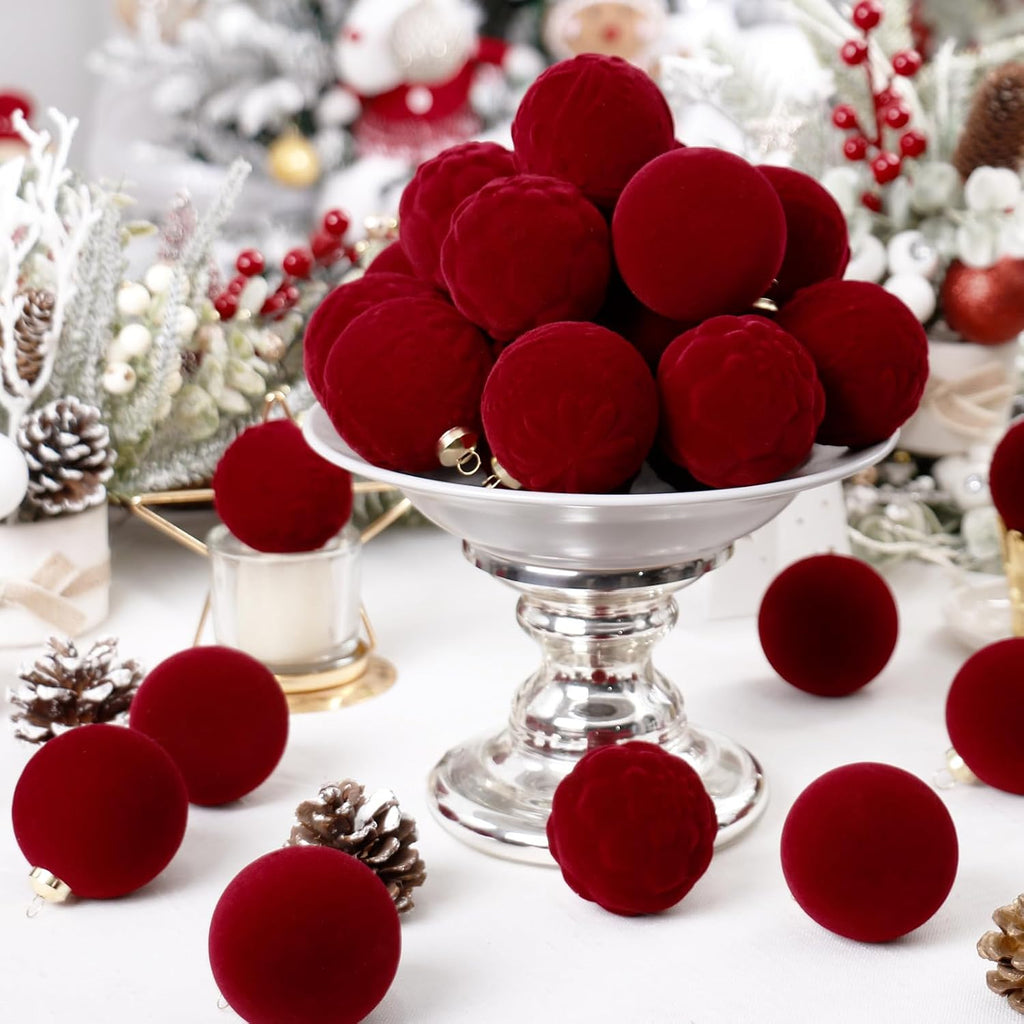 Burgundy Velvet Christmas Ornaments Decorations - Set of 30
