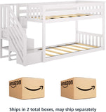 Low Bunk Bed, Twin-Over-Twin Bed Frame For Kids With Stairs, White
