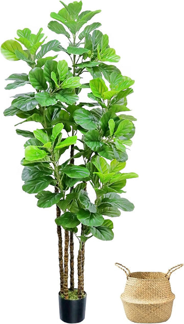 Artificial Fiddle Leaf Fig Tree,7 FT Tall Artificial Tree with Woven Seagrass Plant Basket Fake Floor Plant in Pot