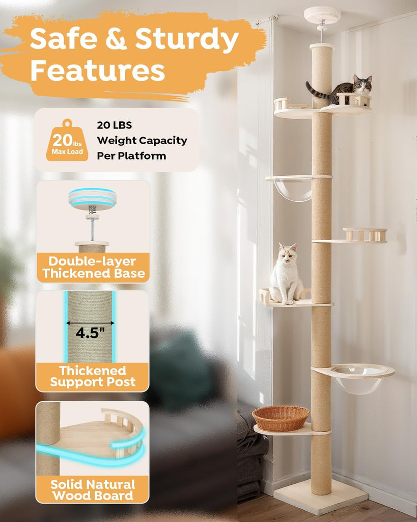 Floor to Ceiling Cat Tree, 102-122" Adjustable Tall Tension Cat Tower