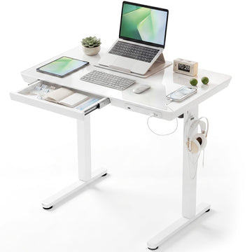 35" Small Glass Standing Desk with Drawers & USB Ports, Whole-Piece Glass Top Adjustable Height Desks, Quick-Install