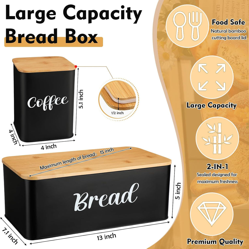 Metal Bread Box and Ceramic Butter Dish with 3 Airtight Kitchen Canisters Farmhouse Storage Canister Set with Bamboo - Set of 5