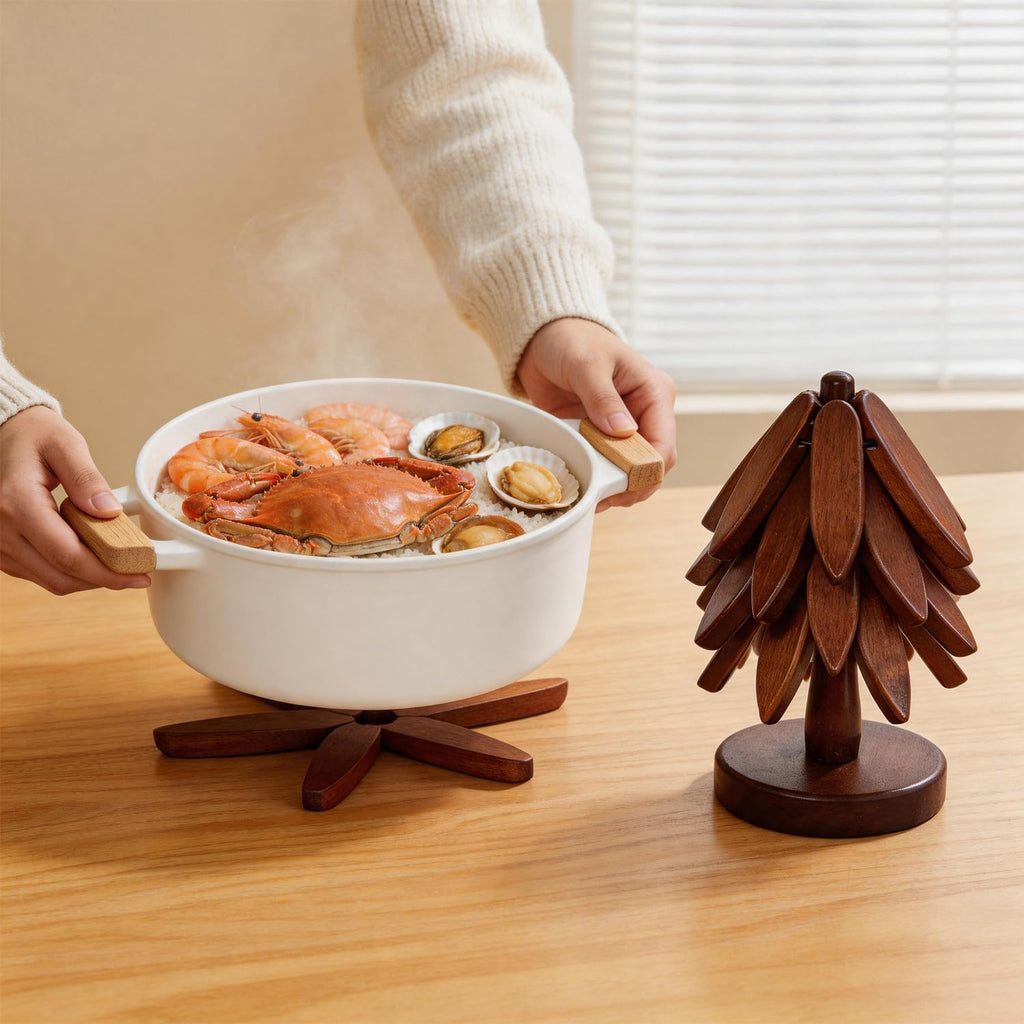 Wooden Trivets for Hot Dishes, Tree Shape Trivet Set, 4 Walnut Wood + 1 Stand stored Like a Christmas Tree,Foldable - Set of 5