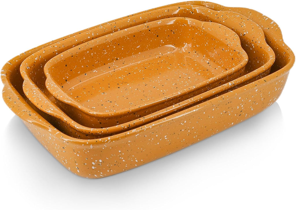 Ceramic Dish Set of 3 (13.8''/12''/9.6''Orange) | Oven-Safe Stackable Deep Rectangular Lasagna Pan with Handles, Up