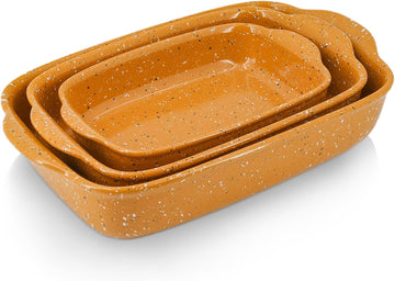 Ceramic Dish Set of 3 (13.8''/12''/9.6''Orange) | Oven-Safe Stackable Deep Rectangular Lasagna Pan with Handles, Up
