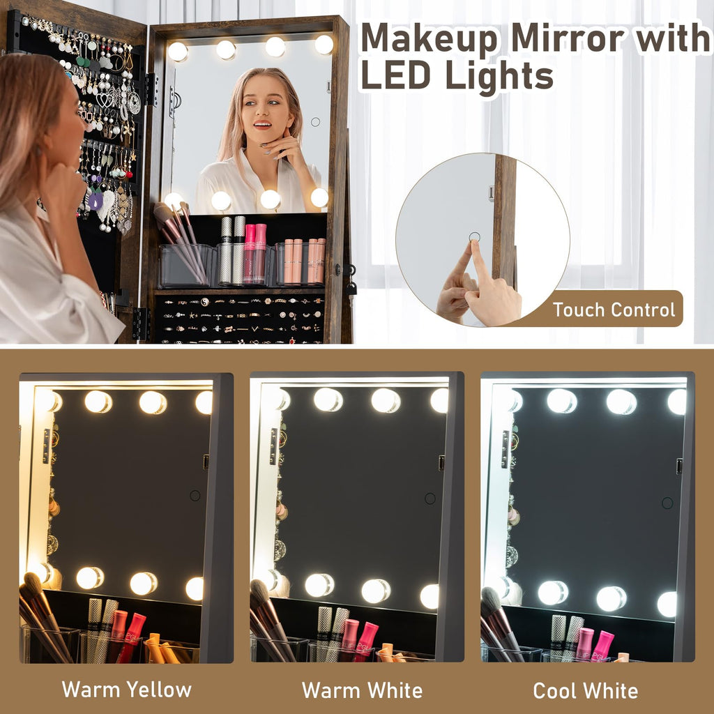 Swivel Jewelry Armoire with Full-Length Mirror & Lighted Makeup Mirror, 360° Rotating Jewelry Cabinet Organizer for