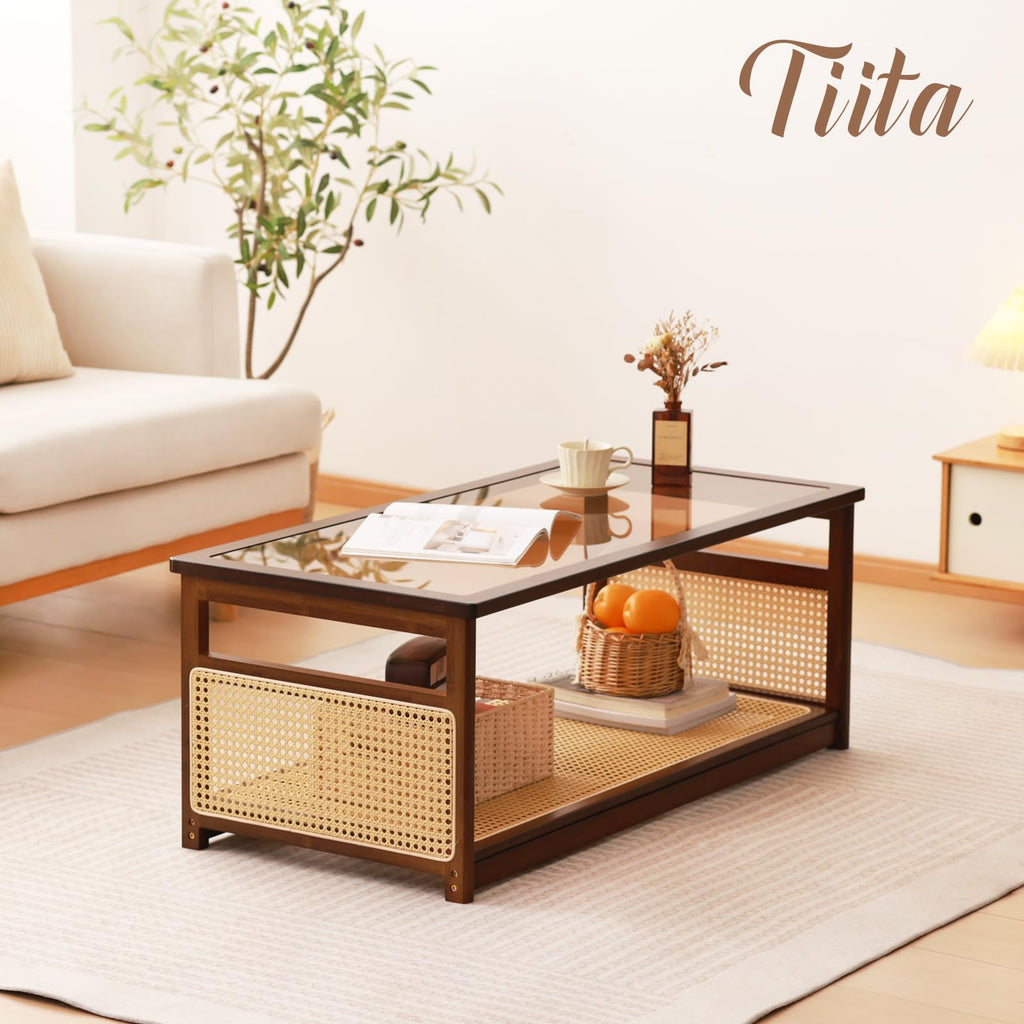 Bamboo Coffee Table, Glass Top, Rattan Storage, 2-Tier Storage, Brown
