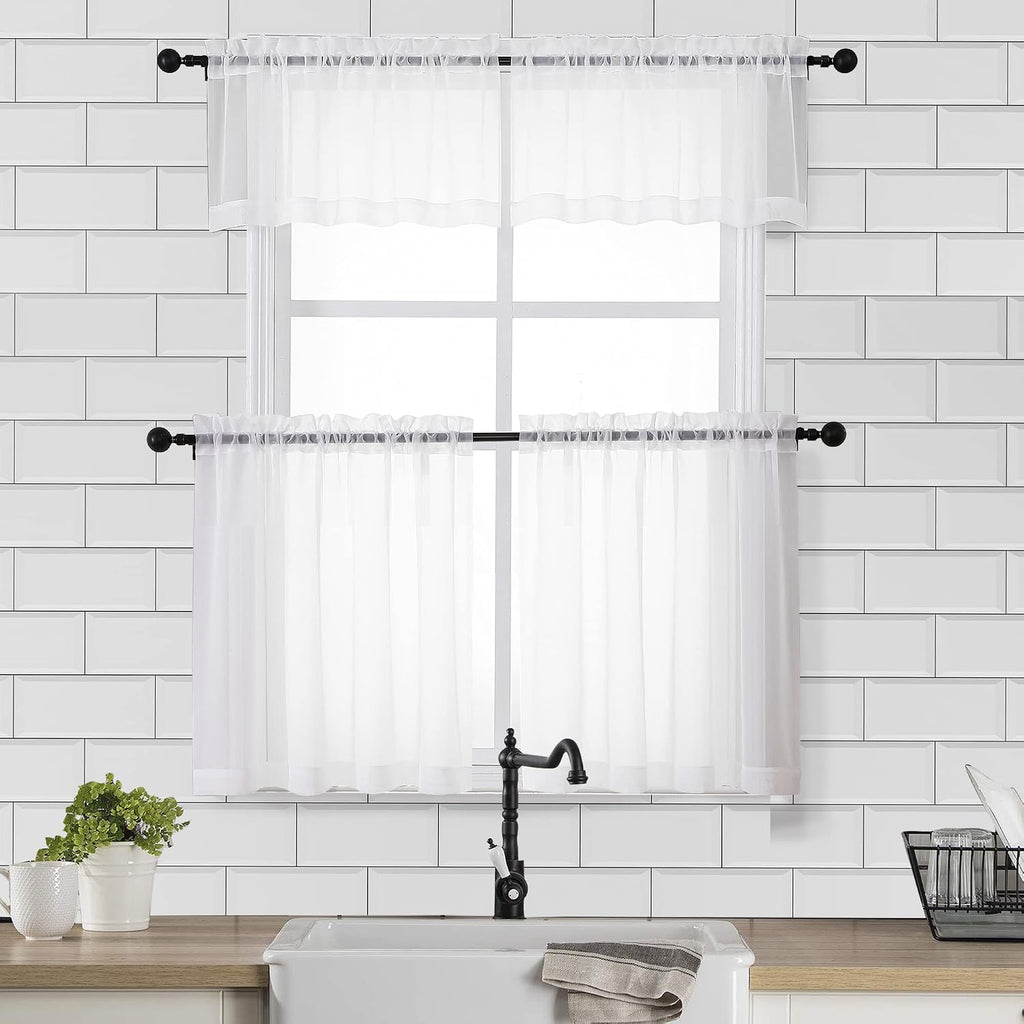 Sheer White Valances for Windows 2 Pack, Small Window Curtains for Living Room Bathroom Cafe Laundry Basement, Modern
