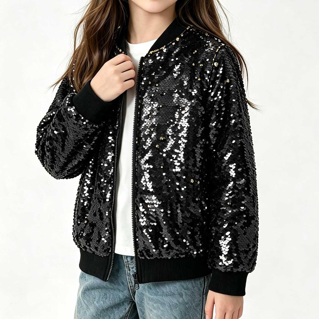 Kids Glitter Sequin Zip Up Bomber Jacket for Boy Girl Y2K Sparkly Back to School Party Coat Stage Performance Jackets