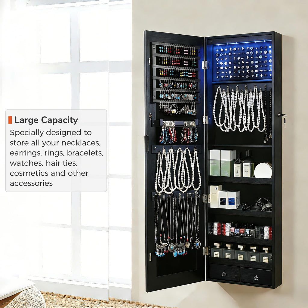 Full Length Mirror Jewelry Cabinet, 6 LEDs Jewelry Armoire Wall Mounted Over The Door Hanging, Jewelry Organizer