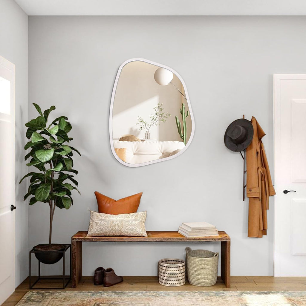 Irregular Oval Wall Mirror Large White 20"x16" Inches Asymmetrical Mirror Modern Wood Frame Unique Shape Wall Mounted