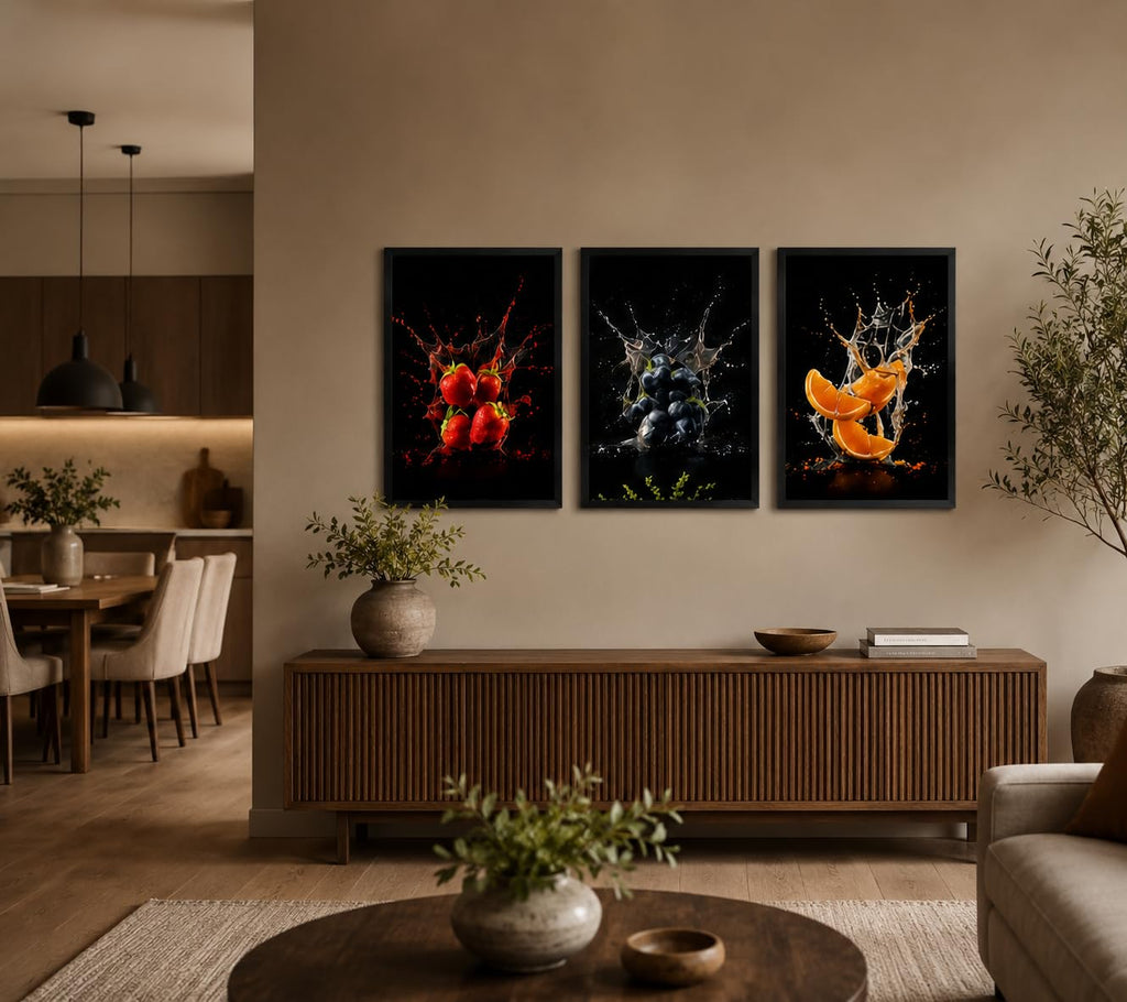 Framed Fruit Canvas Wall Art, 3 Piece Kitchen Decor, 12 x 16 Inch