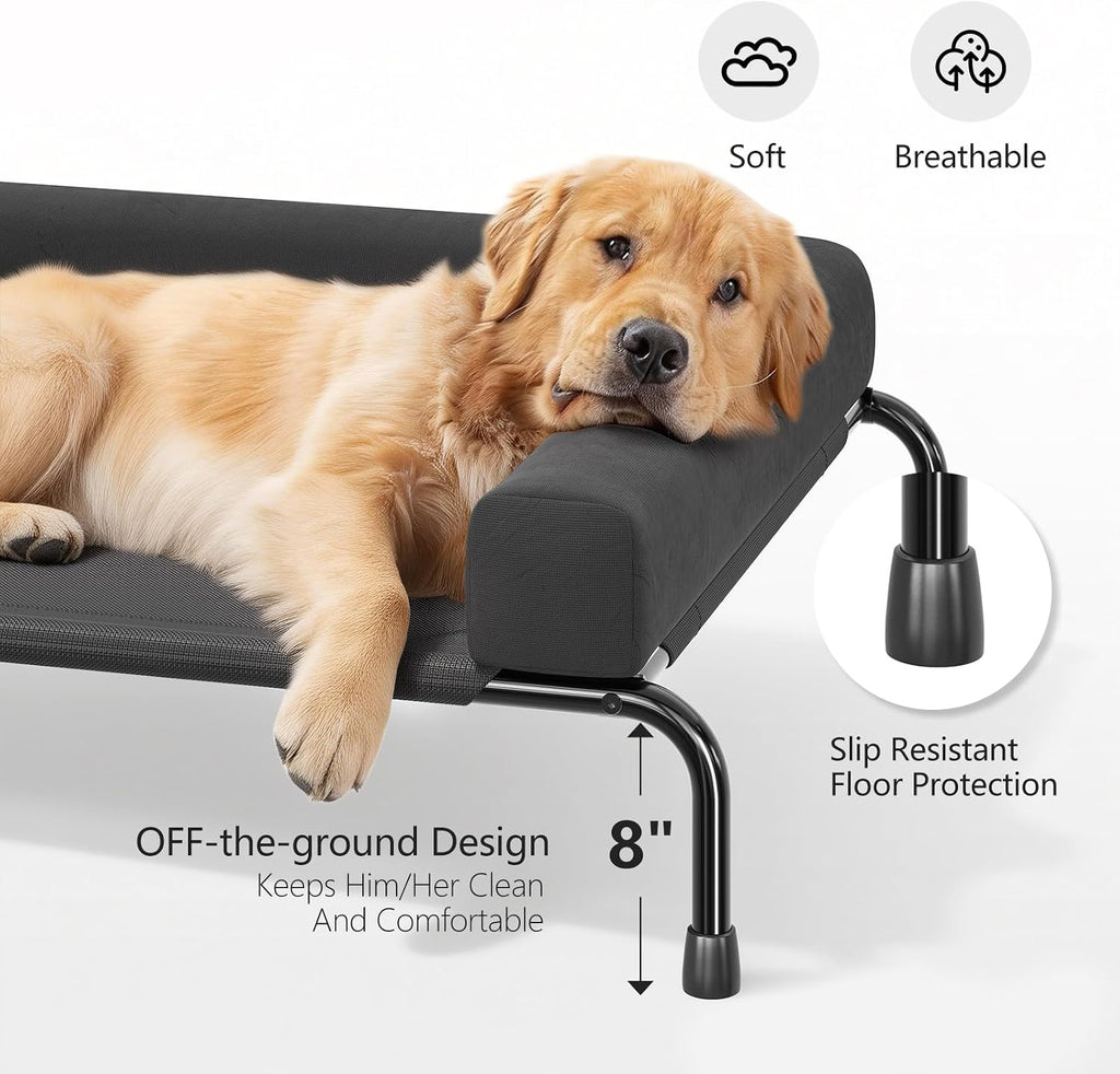 Elevated Dog Bed for Large Dogs, Cooling Raised Pet Cot with Breathable Mesh and Bolsters, Removable & Waterproof